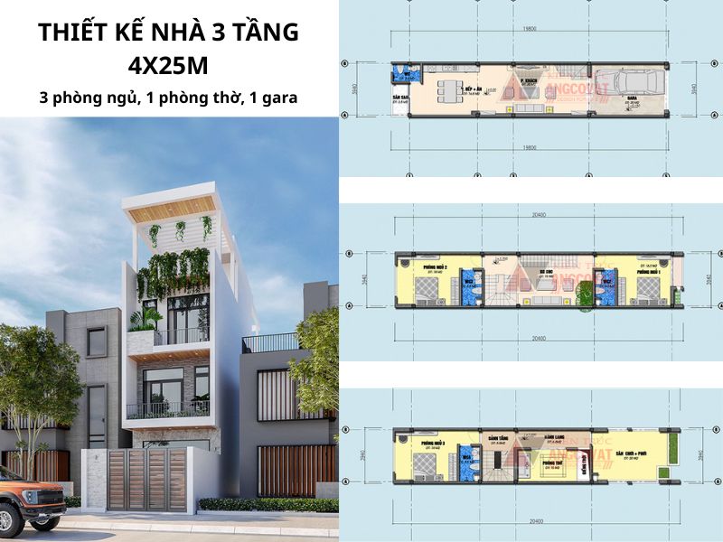 Mặt bằng nhà 3 tầng mặt tiền 4m sâu 25m 3 phòng ngủ 1 phòng thờ 1 gara sắp xếp khoa học 