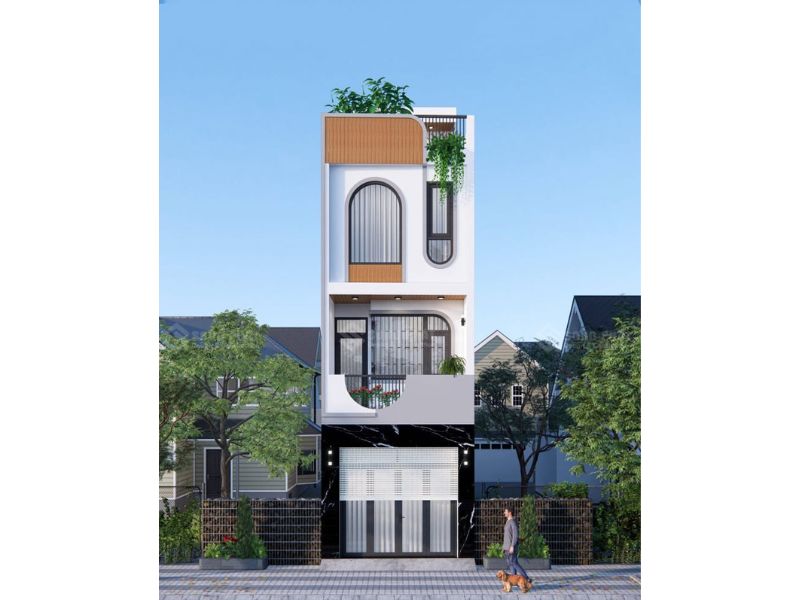 Mặt tiền nhà ngang 4m dài 25m thiết kế đơn giản nhưng nổi bật nhờ cách tạo đường nét cong vòm mềm mại