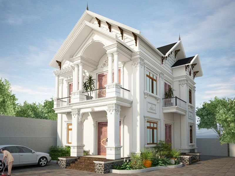 Công trình nhà 2 tầng mái thái đẹp tân cổ điển gam màu trắng