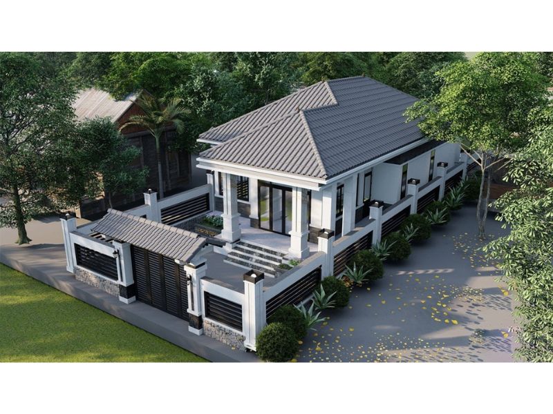 Nhà vườn 1 tầng có 2 sảnh hệ mái Nhật màu xám