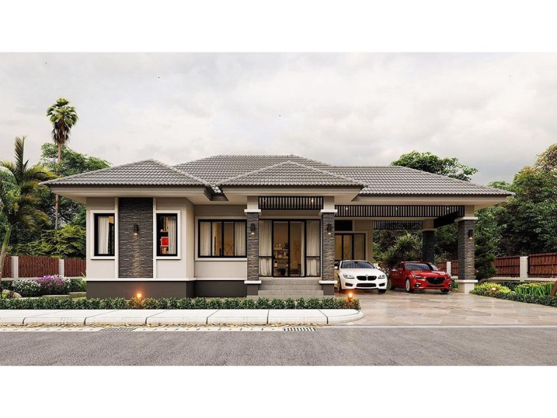 Kiến trúc nhà vườn có gara ô tô đẹp mắt
