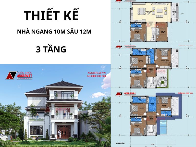 Thiết kế nhà 10x12m 3 tầng phù hợp cho gia đình đông thành viên sinh sống 