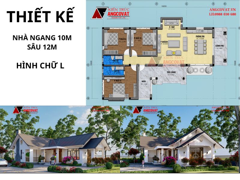 Bản vẽ thiết kế nhà ngang 10m hình chữ L độc đáo 