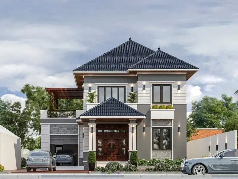 Nhà 2 tầng mái Nhật có gara để xe tiện lợi và sân thượng xanh thoáng đãng 