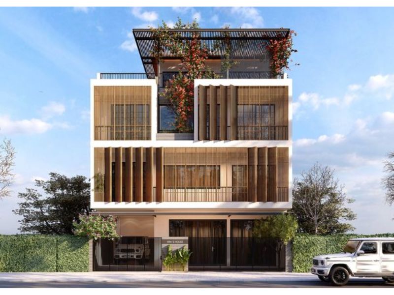 Biệt thự nhà 3 tầng ngang 10m sâu 12m thiết kế lam chắn thông gió tự nhiên và tạo điểm nhấn trang trí ấn tượng 