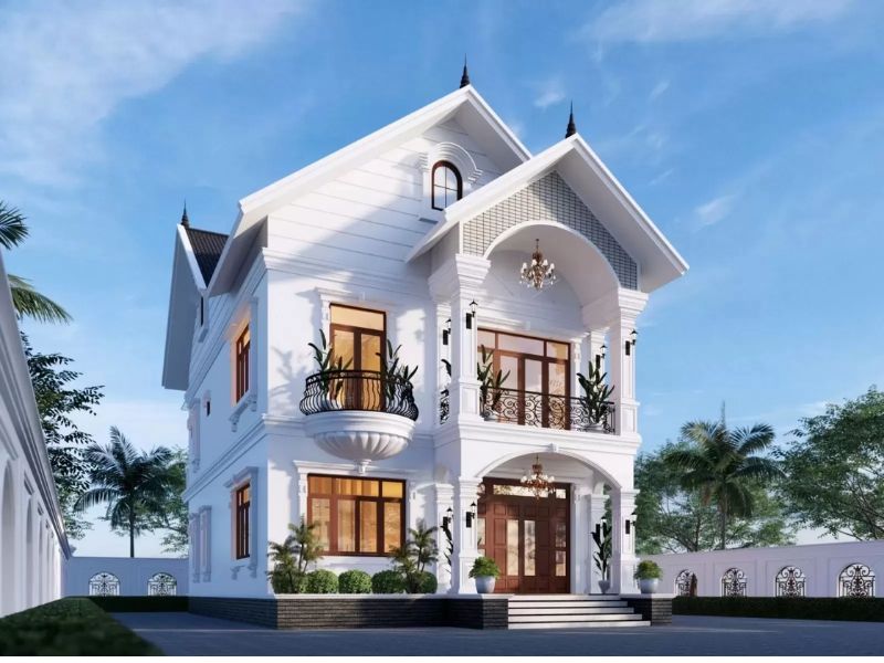 Chi tiết phào chỉ kẻ nét tinh xảo kết hợp lan can sắt thẩm mỹ làm nên vẻ đẹp sang trọng cho mẫu nhà 2 tầng 10x12m 