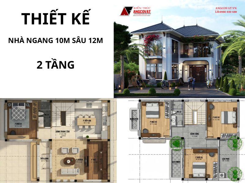 Mặt bằng thiết kế nhà ngang 10m sâu 12m 2 tầng 