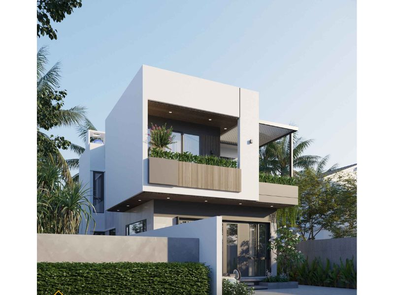 Mẫu nhà ngang 10m 2 tầng hiện đại, trẻ trung với khối hình vuông vức