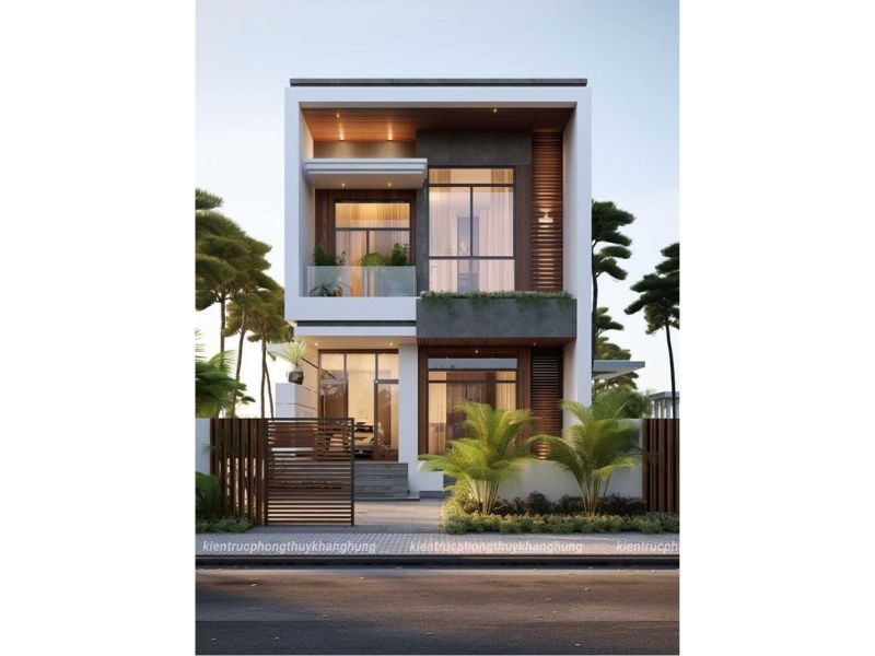 Nhà 2 tầng mái bằng có cây xanh đan xen