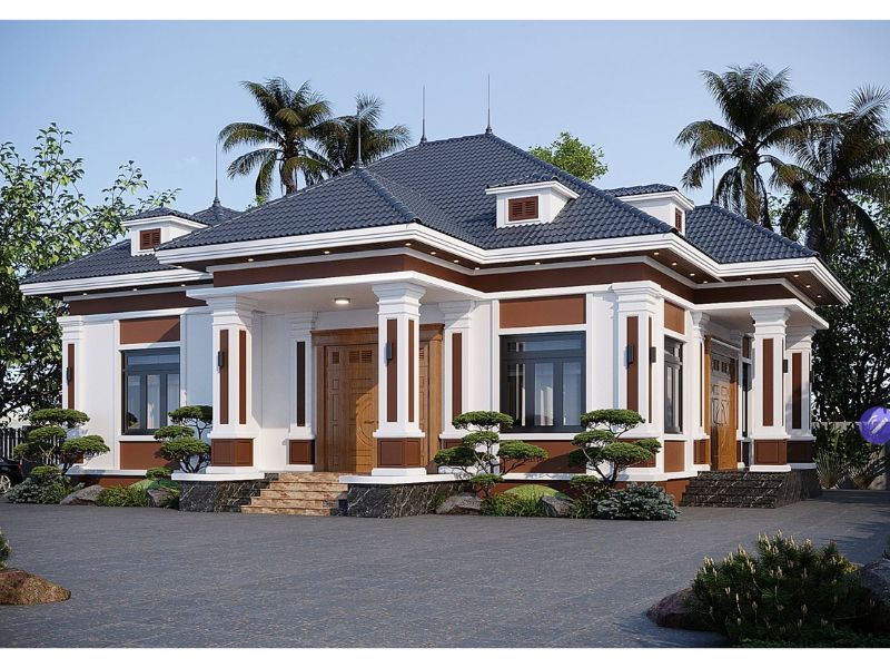 Thiết kế biệt thự vườn 1 tầng mái Nhật với hệ trụ cột tăng sự bề thế