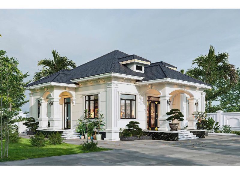 Mặt tiền biệt thự 1 tầng sang trọng, đường nét kiến trúc tinh tế, bền đẹp theo thời gian.