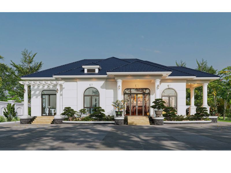 Biệt thự vườn 1 tầng sử dụng hệ thống cửa kính giúp đón sáng tự nhiên và tăng độ thông thoáng cho ngôi nhà 