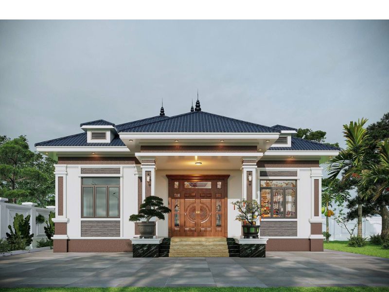 Mẫu nhà vườn tân cổ điển 1 tầng mái Nhật 150m2 4 phòng ngủ 1 phòng thờ 