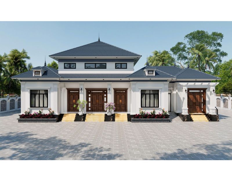 Mẫu thiết kế biệt thự vườn 1 tầng 4 phòng ngủ có bếp ăn riêng biệt 