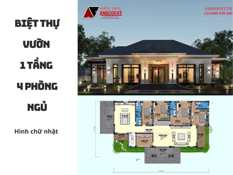 Mặt bằng  biệt thự nhà vườn 1 tầng 4 phòng ngủ hình chữ nhật 