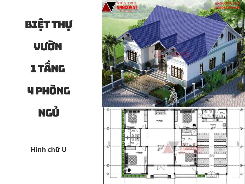 Bố trí công năng mẫu biệt thự vườn 1 tầng 4 phòng ngủ mái thái chữ U 