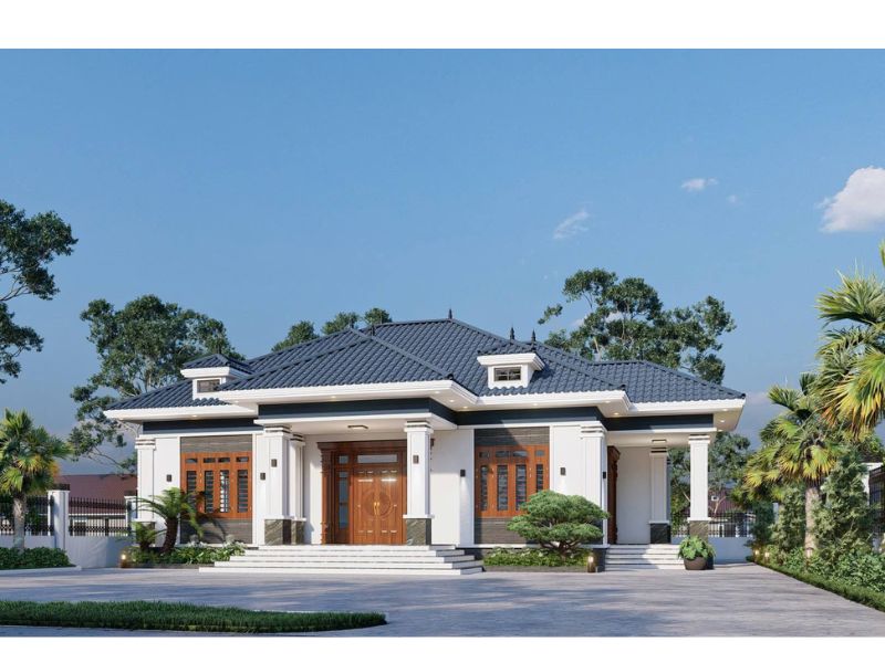 Mẫu biệt thự mái Nhật 1 tầng 4 phòng ngủ nổi bật với hình khối cân đối, mái dốc nhẹ thanh thoát.