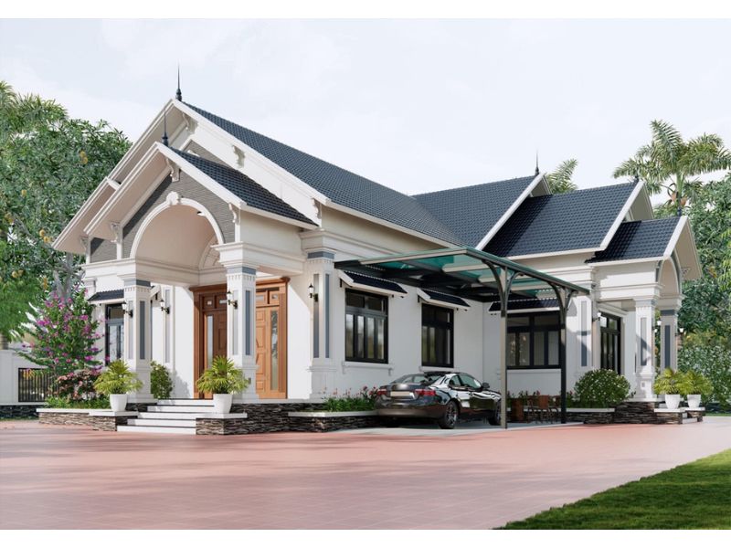 Biệt thự vườn 1 tầng mái Thái chữ L có khoảng sân vườn rộng thoáng 