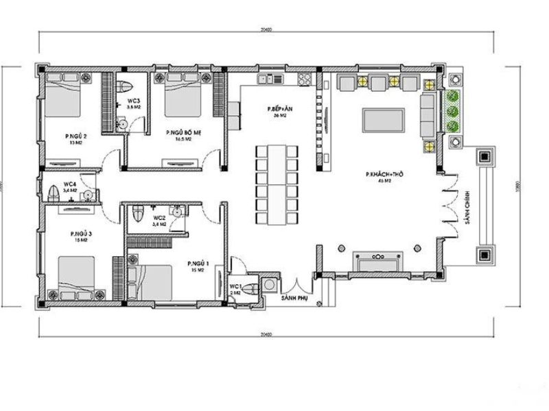 Công năng nhà  1 tầng với diện tích 170m2 có 4 phòng ngủ