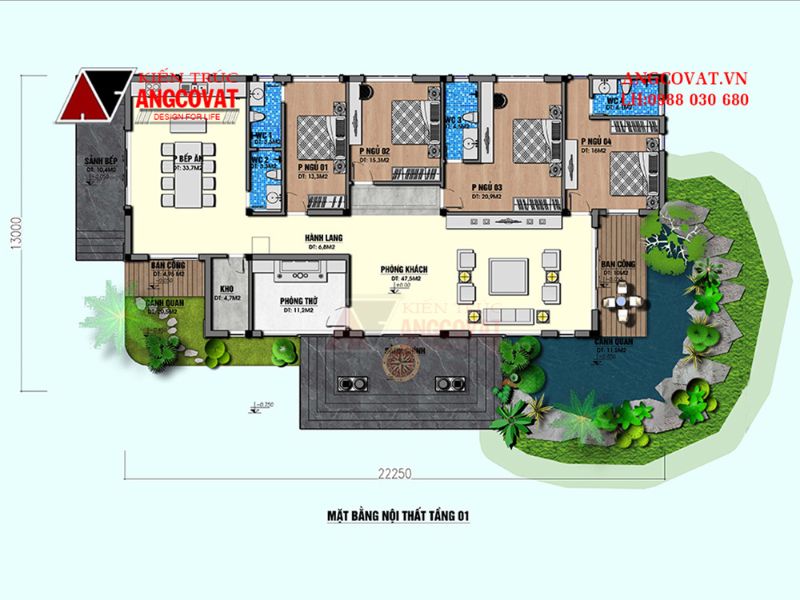 Mặt tiền biệt thự 1 tầng 220m2 4 phòng ngủ