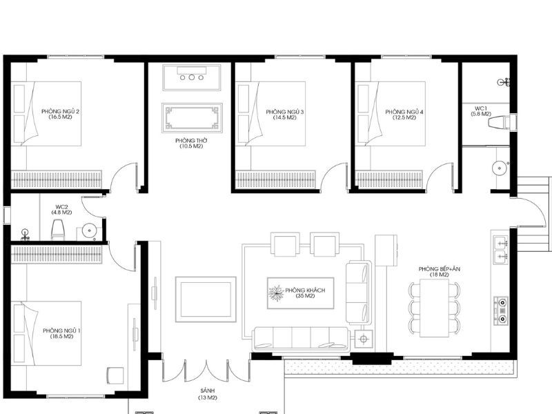 Mặt bằng nhà 1 tầng với diện tích 150m2 sử dụng hệ mái Nhật