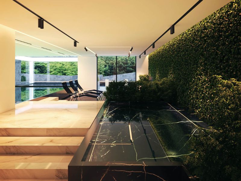 Khu vực bể bơi cùng hành lang trong nhà