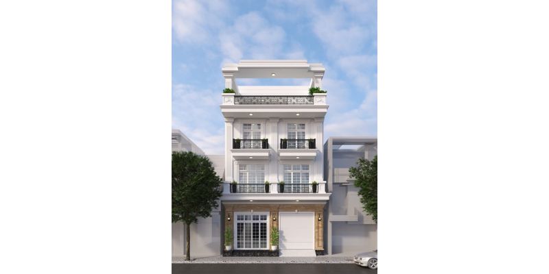 Nhà phố 4 tầng gam màu trắng tân cổ điển