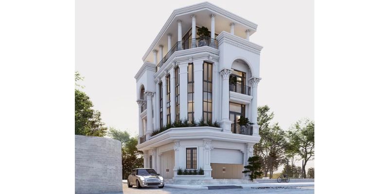 Nhà tân cổ điển gam màu trắng 2 mặt tiền