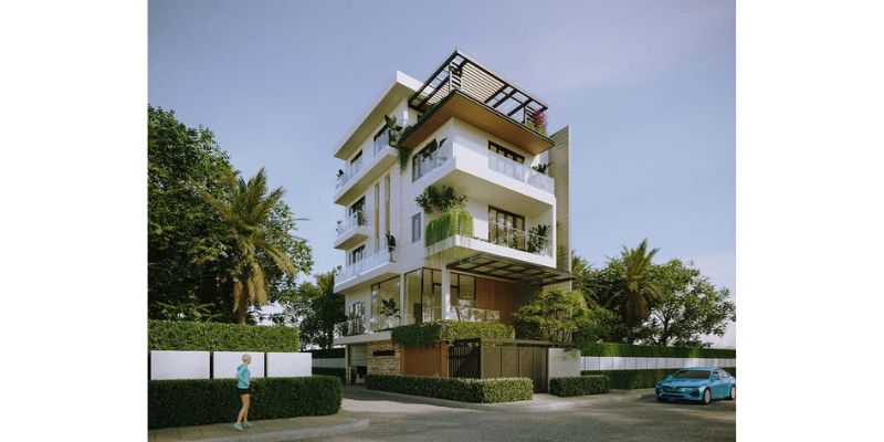 Kiến trúc nhà phố 4 tầng hiện đại 2 mặt tiền