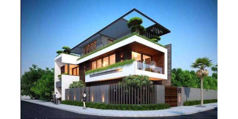 Nhà 2 tầng mái bằng có hệ thống cây xanh đan xen đẹp mắt