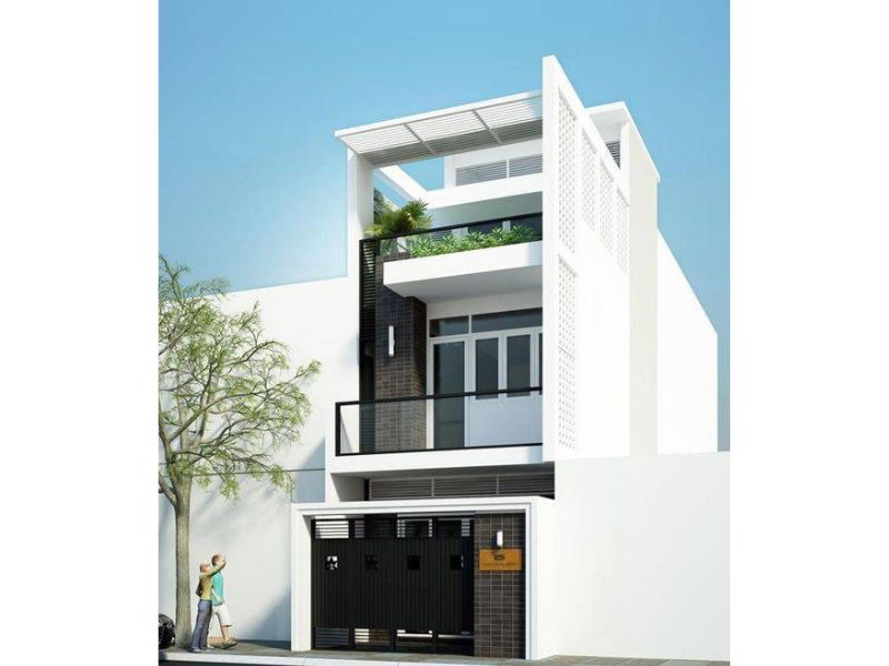 Kiến trúc nhà 2 tầng 1 tum gam màu trắng sáng