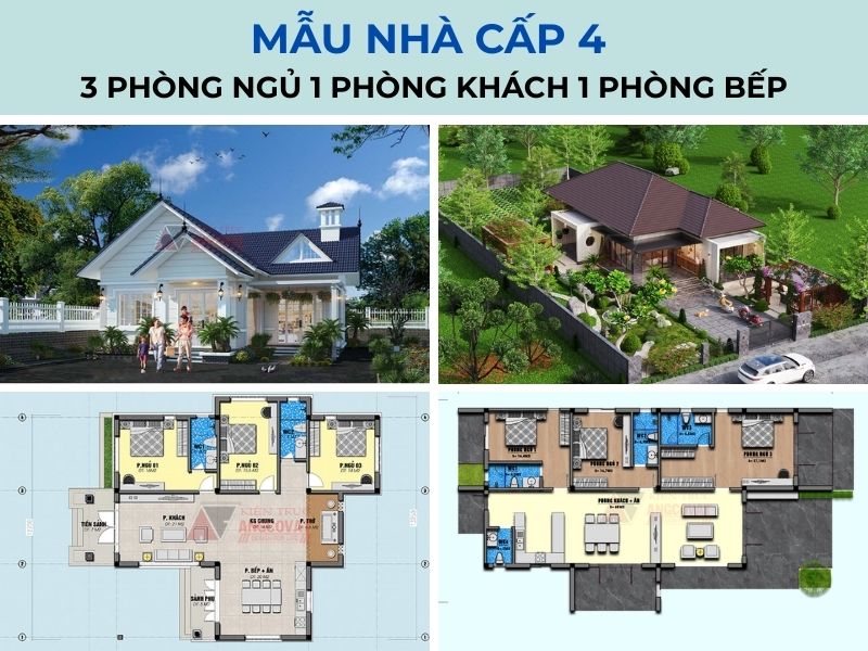 Tổng hợp các mẫu nhà cấp 4 3 phòng ngủ 1 phòng khách 1 phòng bếp đẹp, tiện nghi 