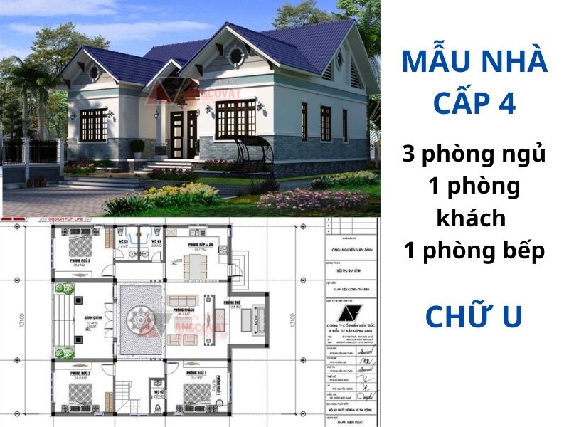 Bố trí mặt bằng nhà cấp 4 3 phòng ngủ 1 phòng khách chữ U