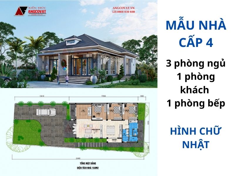 Mặt bằng nhà cấp 4 3 phòng ngủ hình chữ chữ nhật