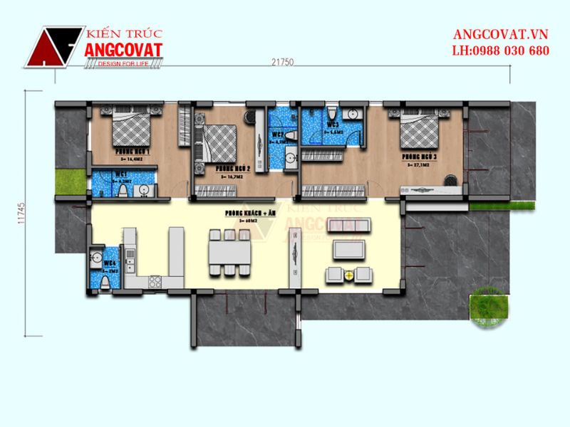 Mặt bằng công năng nhà cấp 4 1 tầng 3 ngủ 120m2