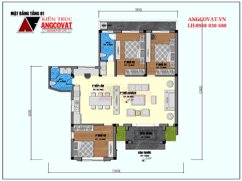 Mặt bằng công năng nhà 1 tầng 120m2 phù hợp với mọi gia đình Việt