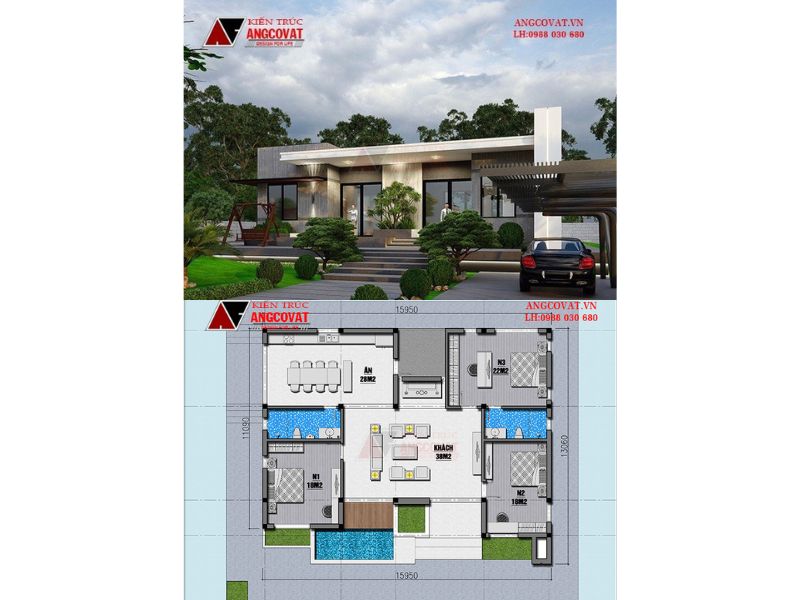 Nhà  1 tầng hiện đại mái bằng 180m2
