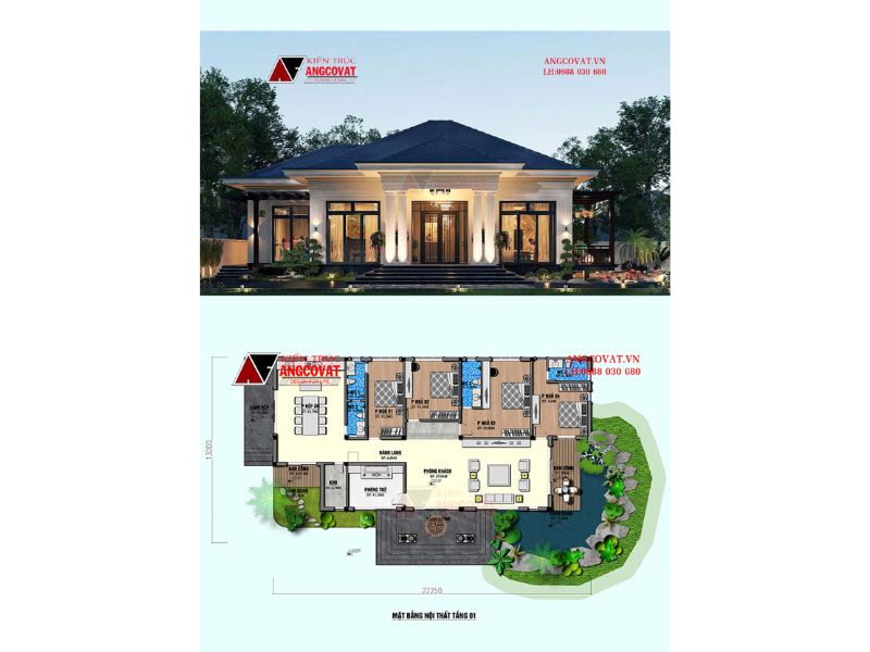 Nhà biệt thự 1 tầng có sân vườn rộng