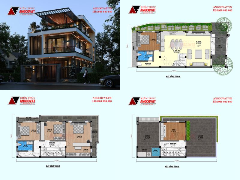 Công trình nhà 3 tầng hiện đại mái bằng