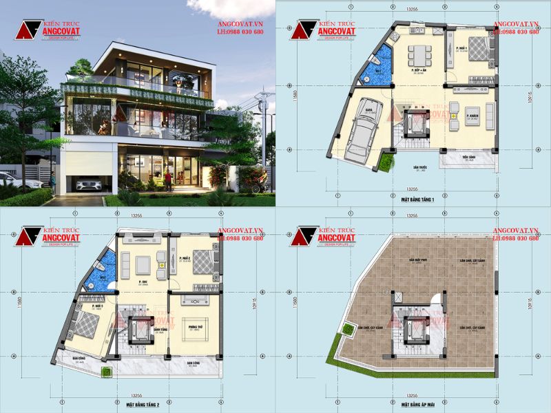 Nhà 3 tầng có gara xây trên nền đất méo
