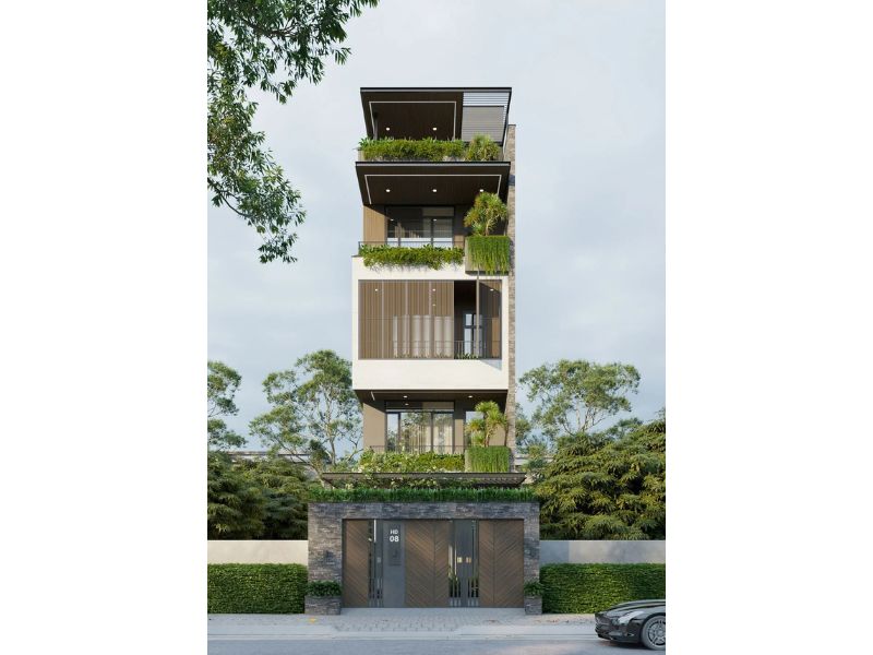Thiết kế nhà phố mặt tiền 5m hiện đại 5 tầng mái bằng