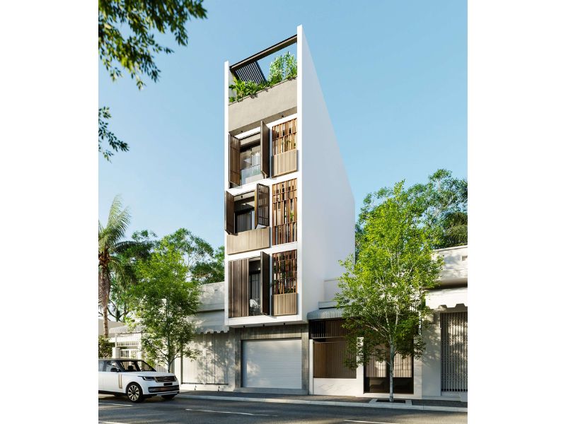 Thiết kế nhà 5x17m có thang máy sử dụng lam chắn ở mặt tiền vừa tăng tính thẩm mỹ vừa tối ưu ánh sáng hiệu quả 