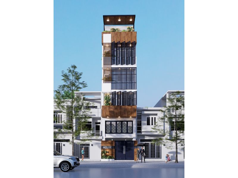 Phối cảnh ngoại thất nhà 5x17m 5 tầng có tum đẹp