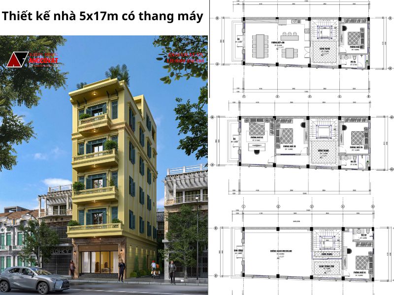 Mặt bằng công năng thiết kế nhà 5x17m 5 tầng tích hợp thang máy tiện lợi 