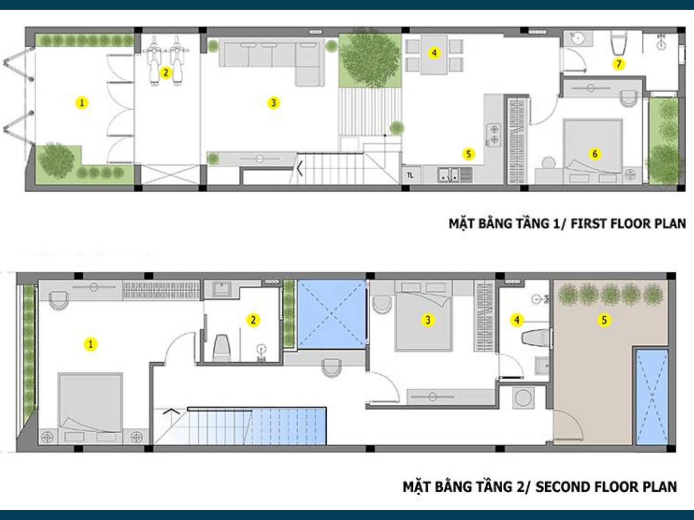 Mặt bằng công năng mẫu nhà 2 tầng mái bằng diện tích 5x12m 3 phòng ngủ