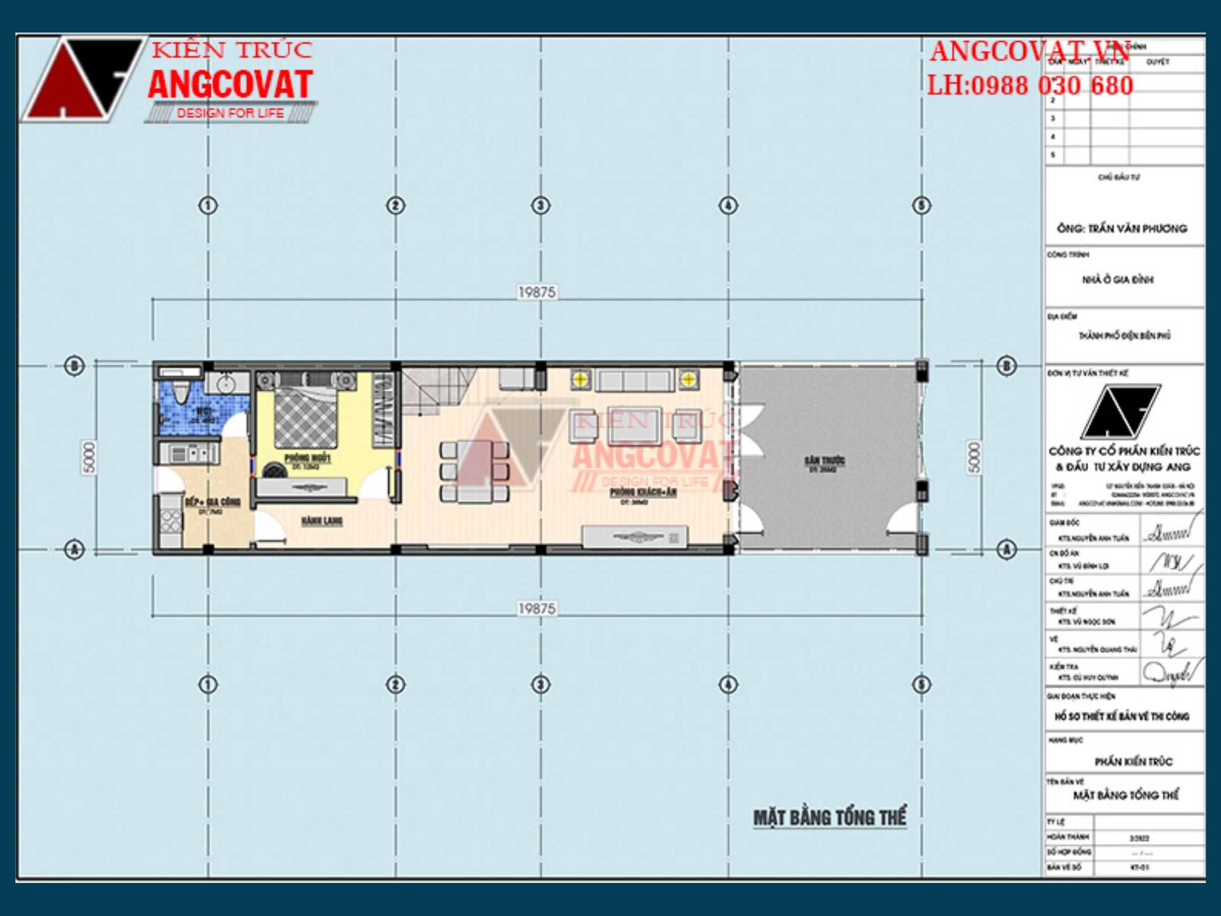 Bản vẽ mặt bằng công năng tầng 1 mẫu nhà 2 tầng mái thái diện tích 5x12m 3 phòng ngủ