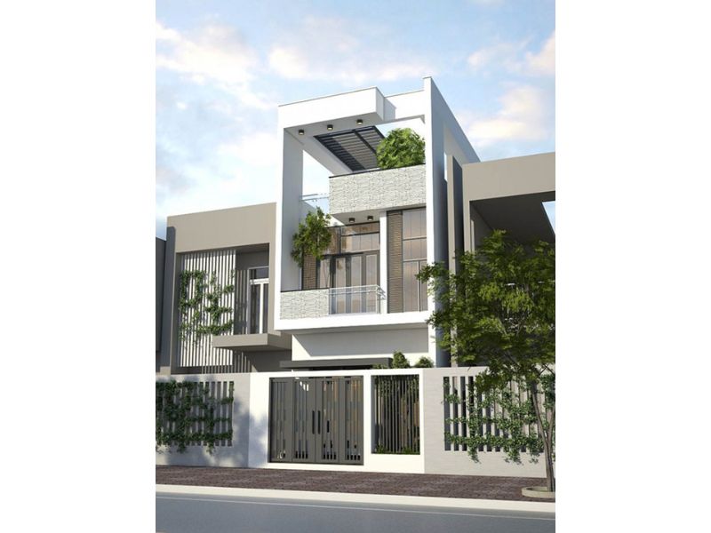 Kiến trúc nhà 2.5 tầng mái bằng gam màu trắng