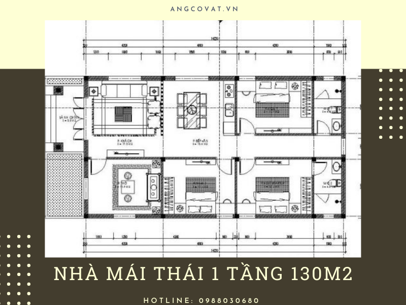 Mặt bằng mẫu nhà 1 tầng mái thái 130m2 với 3 phòng ngủ cùng 1 phòng khách