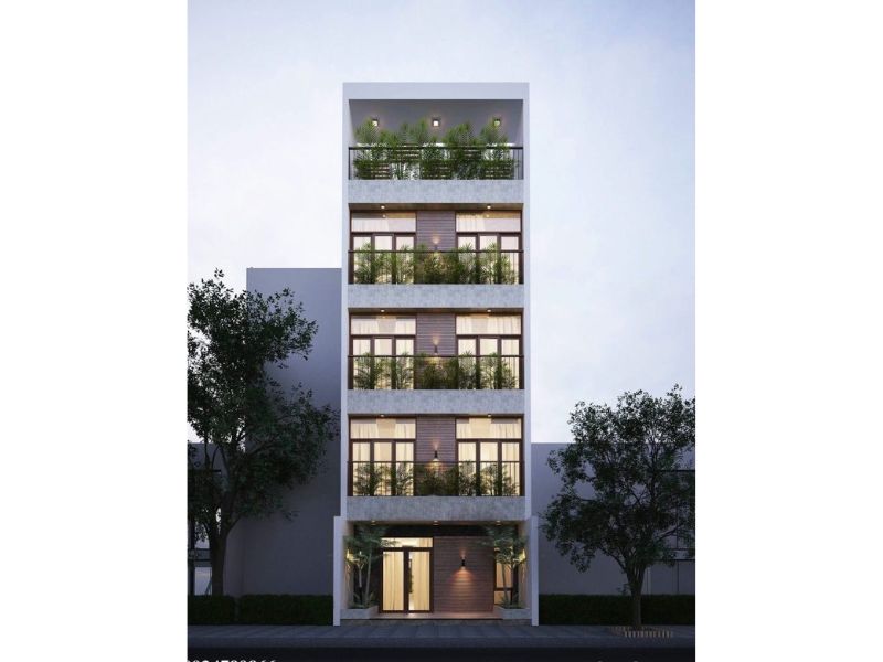 Thiết kế mẫu nhà 5 tầng kiến trúc hiện đại có ban công rộng trồng tiểu cảnh