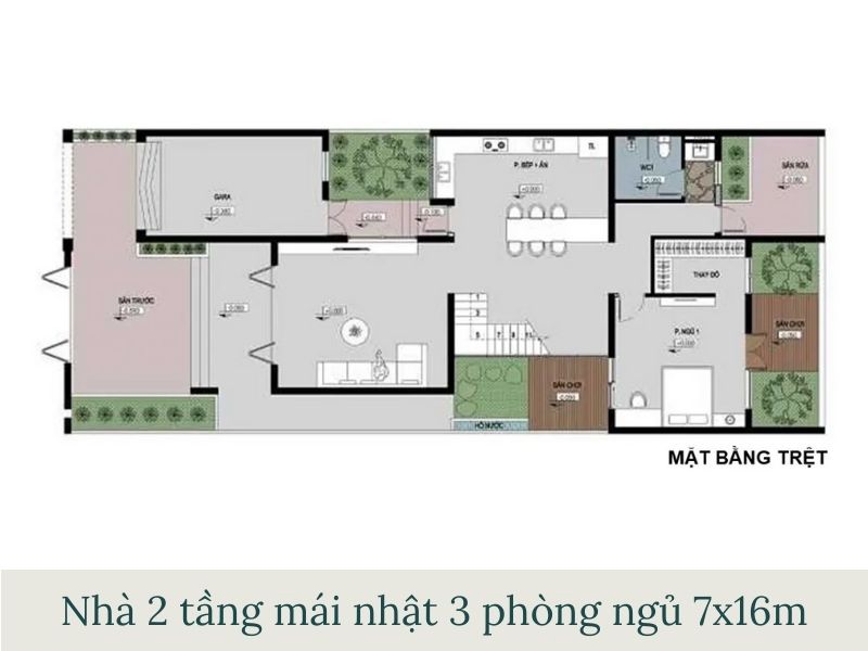 Bản vẽ mặt bằng tầng 1 nhà 2 tầng mái nhật 3 phòng ngủ 7x16m